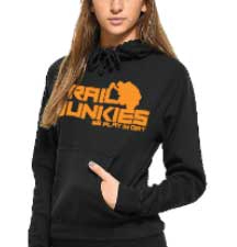 female wearing hoodie with trail junkies logo